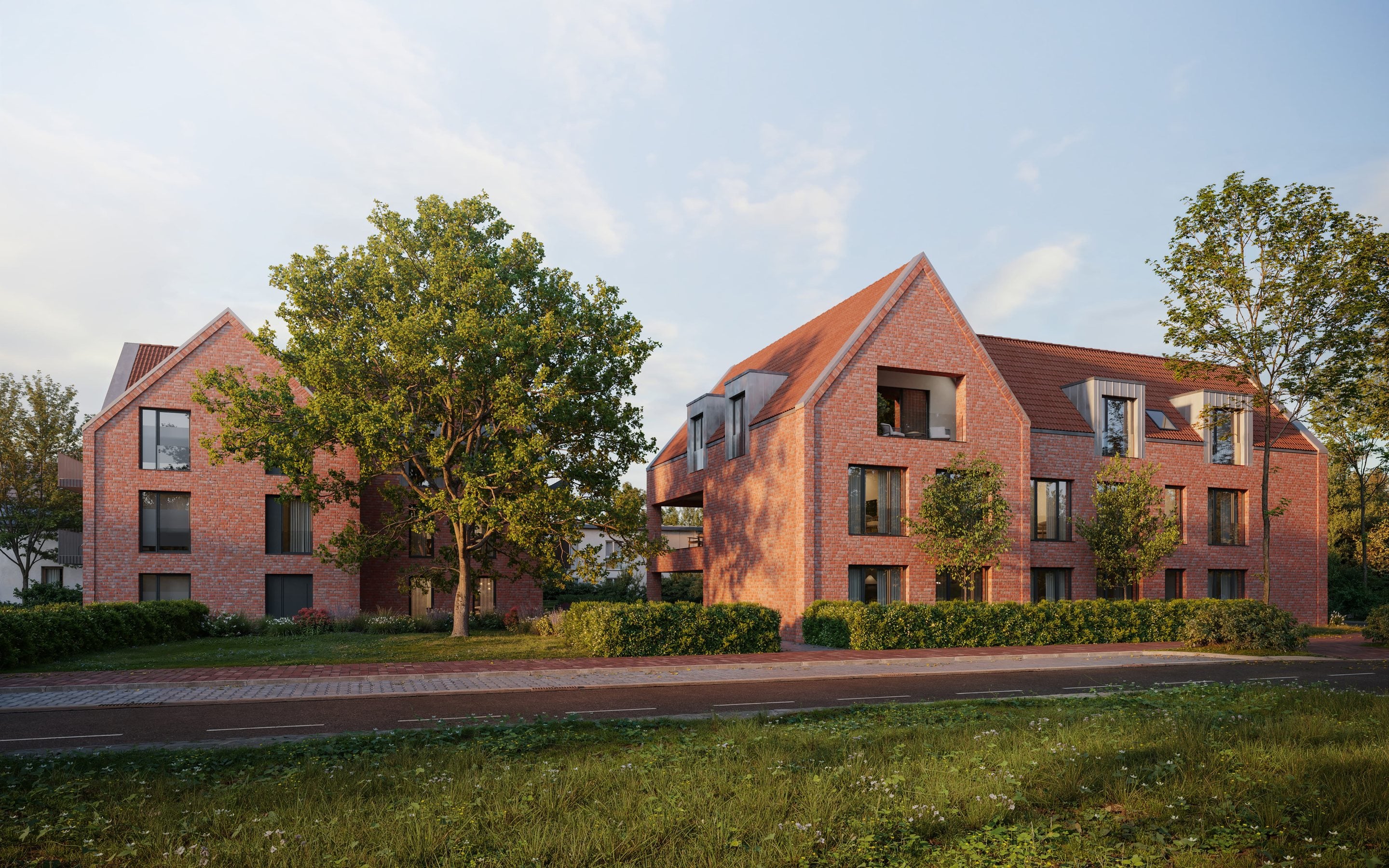 Hofhaus und Gartenhaus des DavertHofs mit der Eiche im Abendlicht