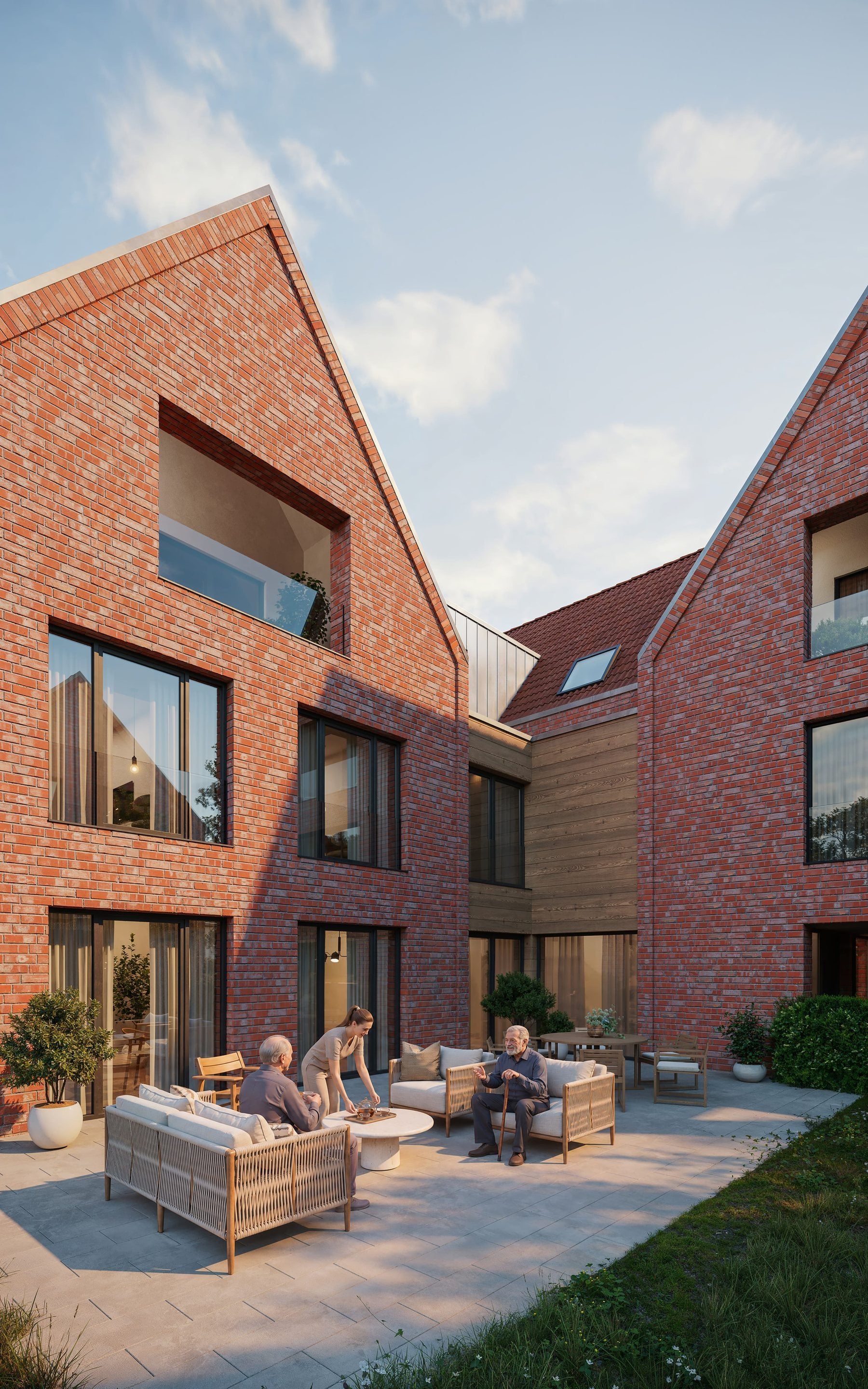 Terrasse im Innenhof zwischen den Klinkergiebeln des DavertHofs