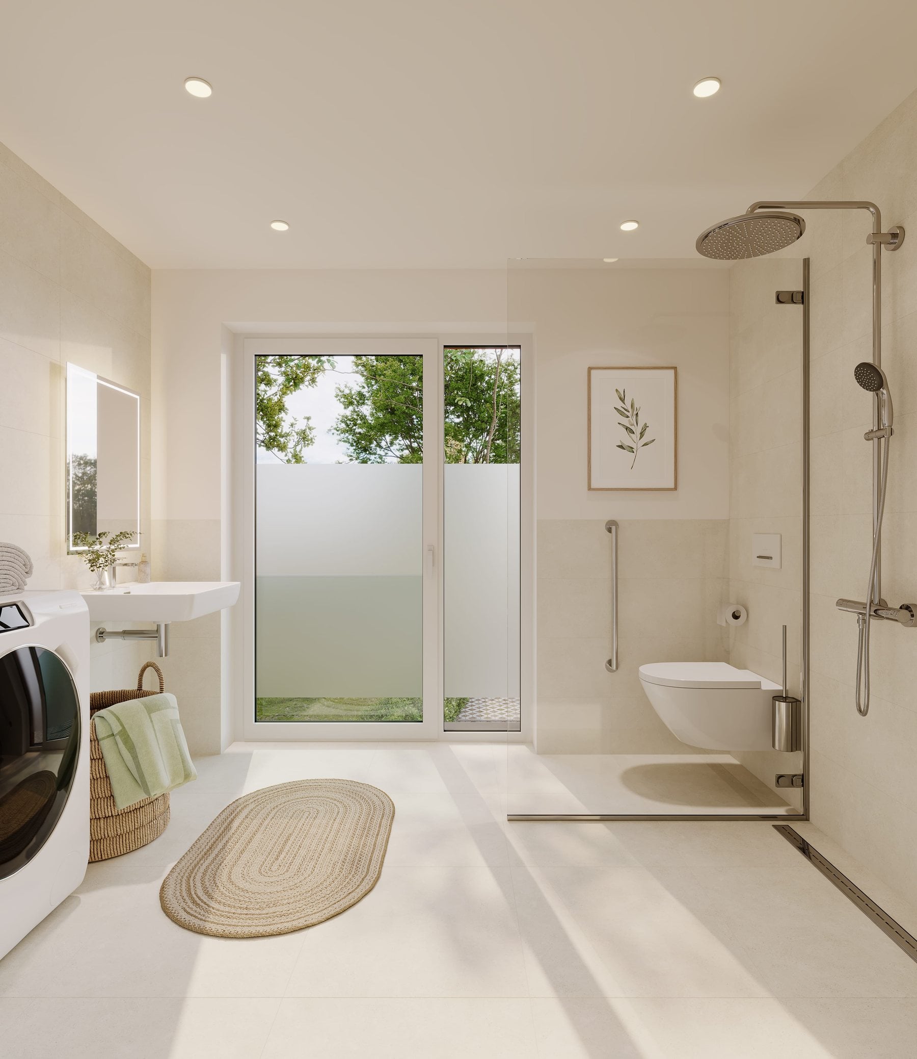 Helles Badezimmer mit bodengleicher Dusche und Fenster