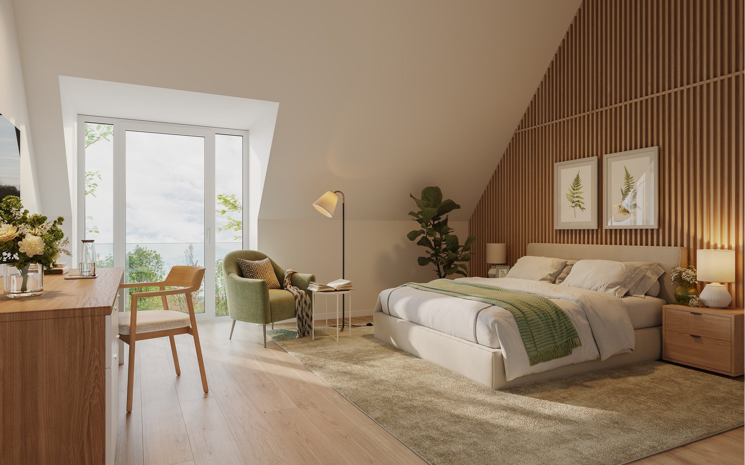 Schlafzimmer im Dachgeschoss mit Holzlamellenwand und bodentiefen Fenstern