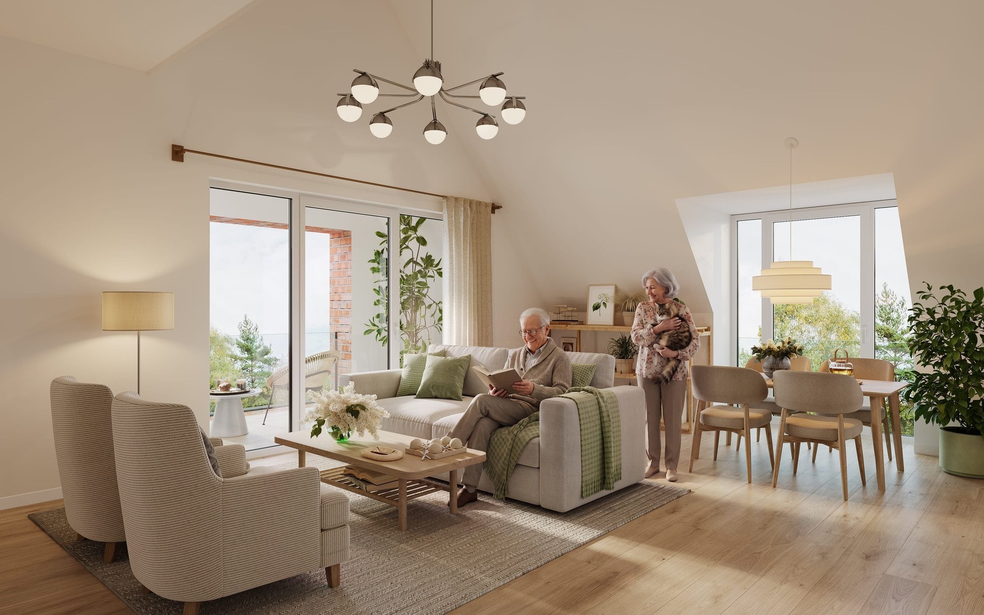 Wohnzimmer einer Dachgeschosswohnung mit Zugang zur Loggia